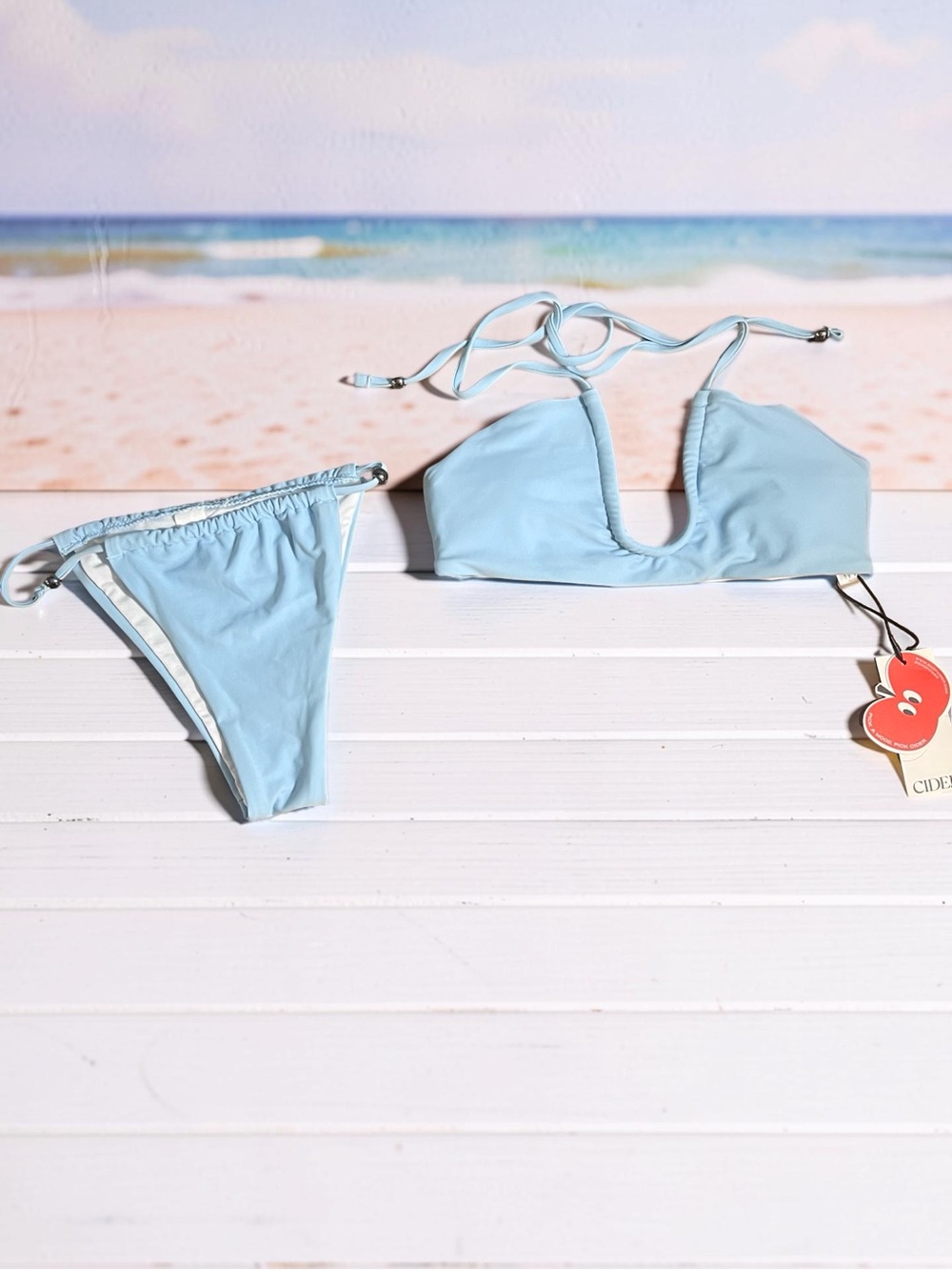 Cider Light Blue Deep V Halter Bikini Set NWT XS